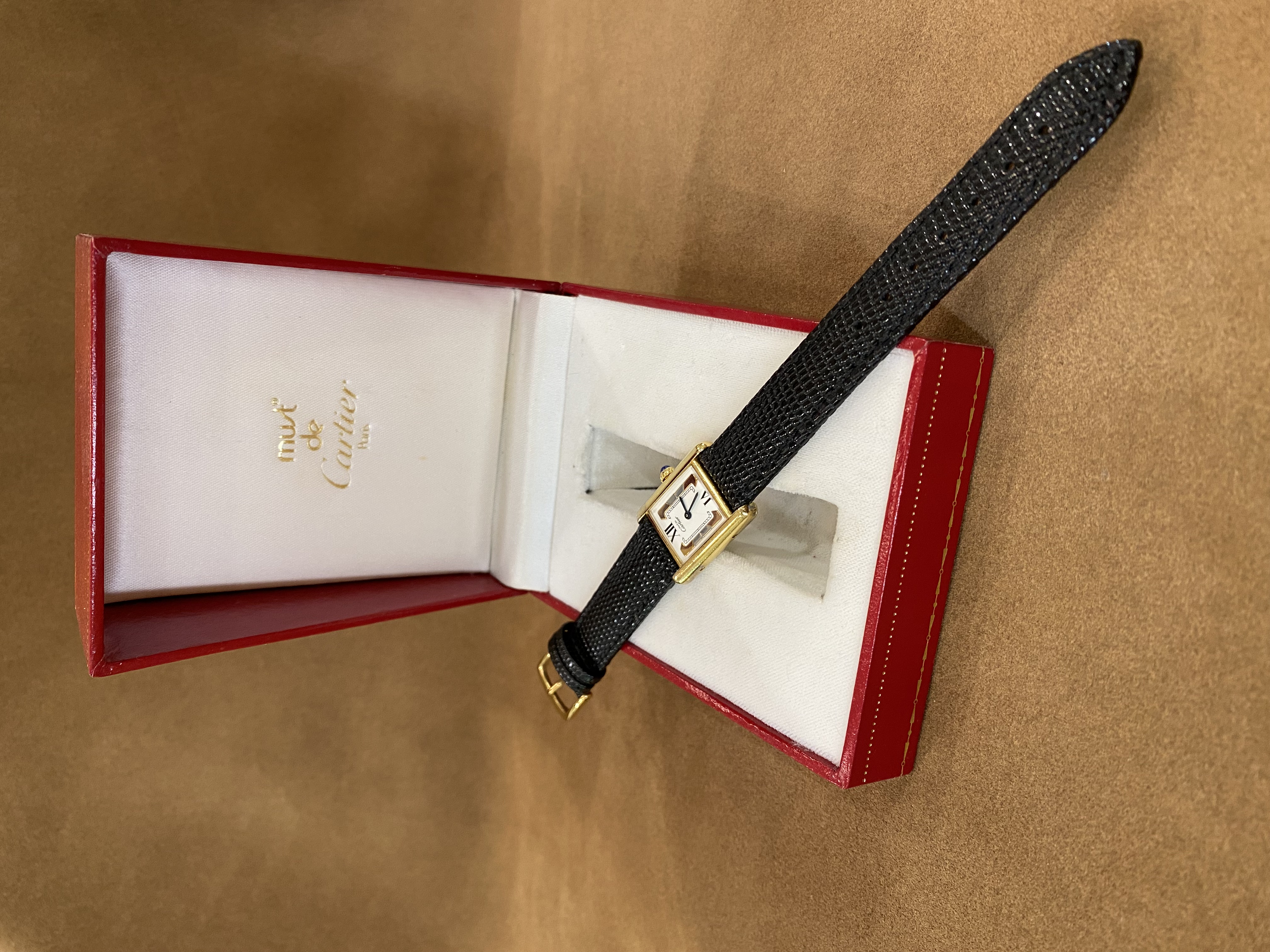 Cartier Tank Must Vermeil tridor dial black lizard strap