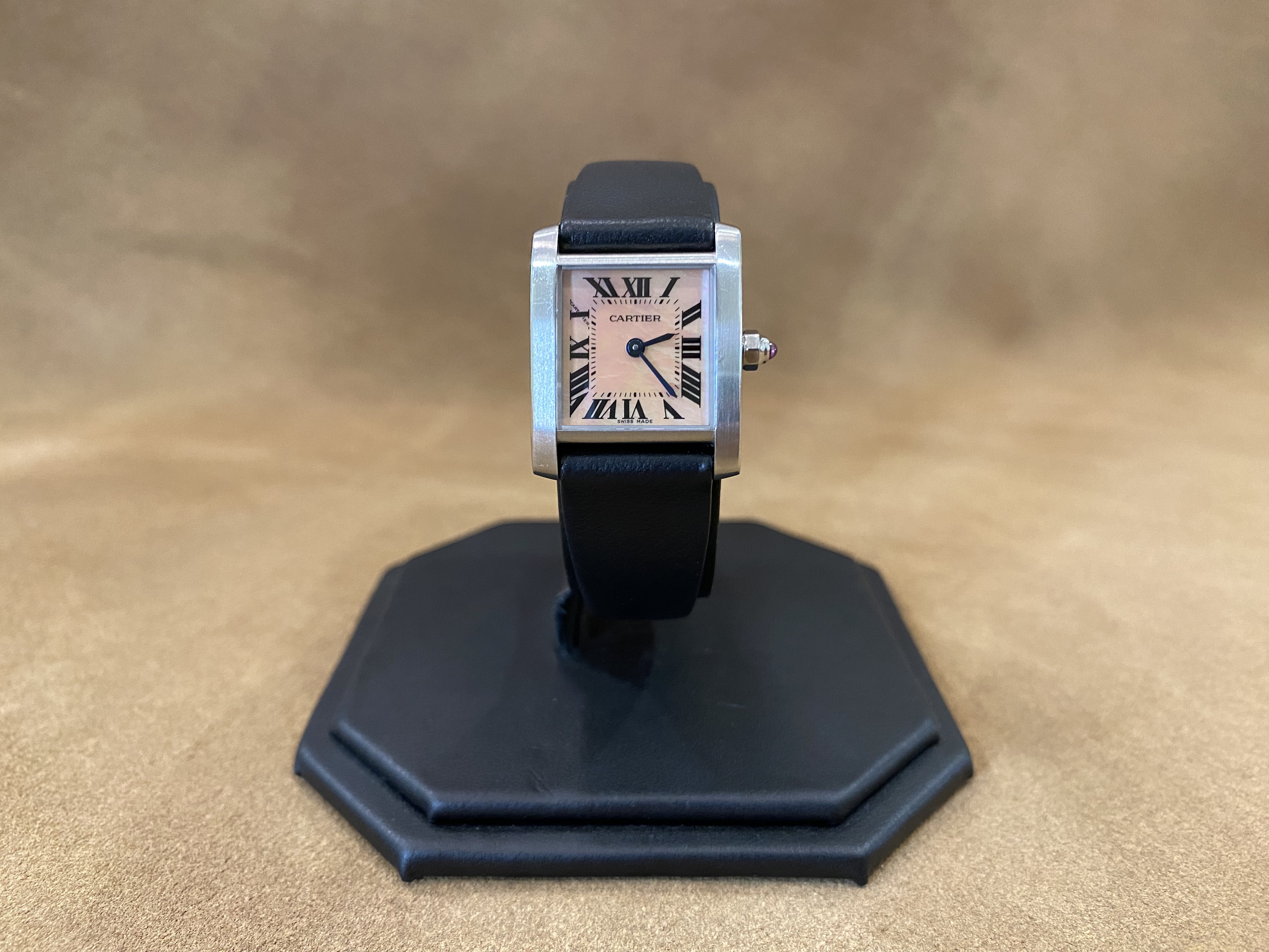Cartier Tank Française steel mother of pearl dial black strap