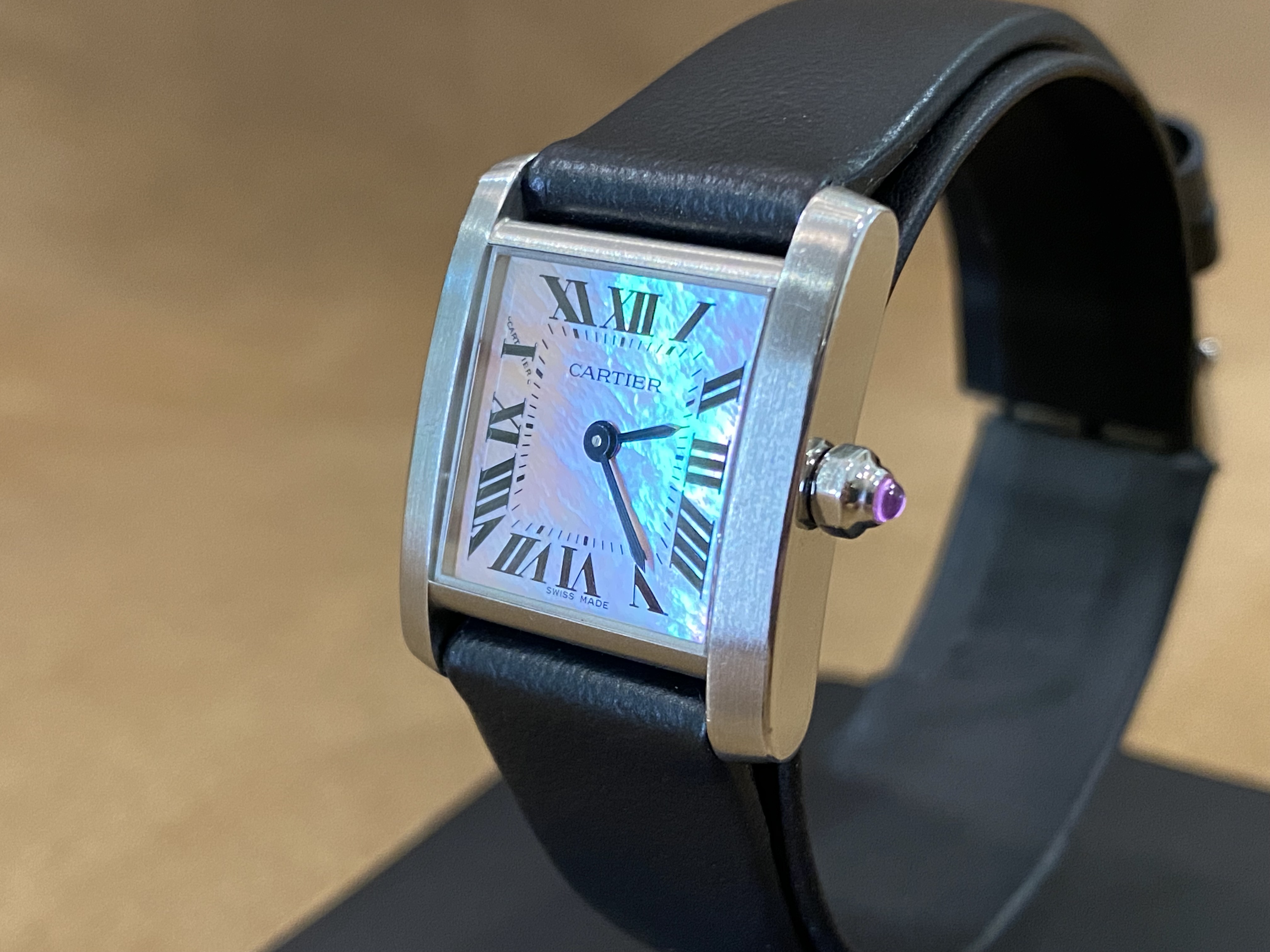 Cartier Tank Française steel mother of pearl dial black strap