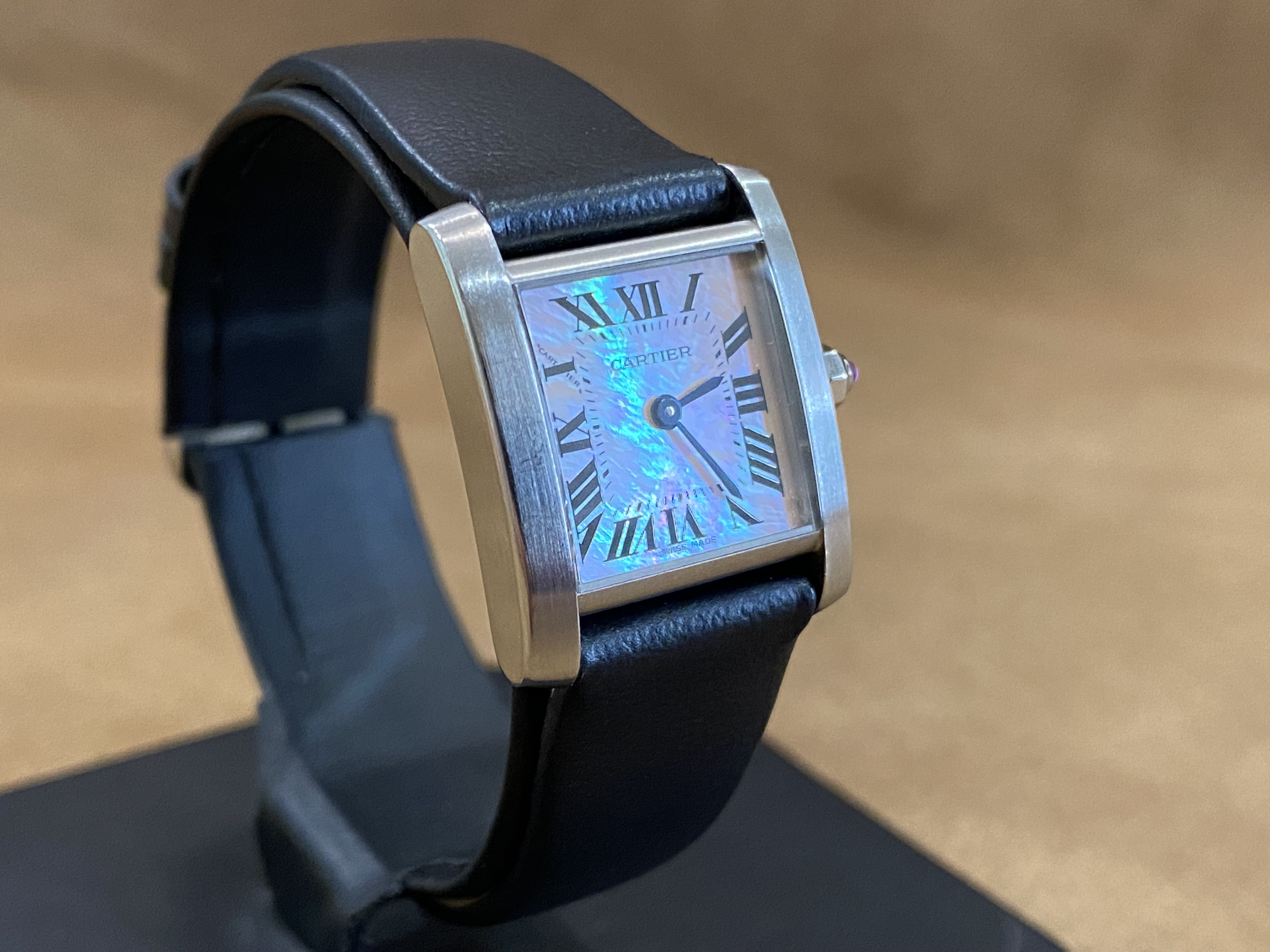 Cartier Tank Française steel mother of pearl dial black strap