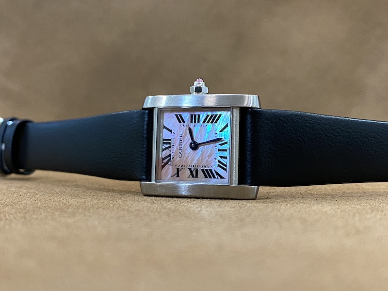 Cartier Tank Française steel mother of pearl dial black strap